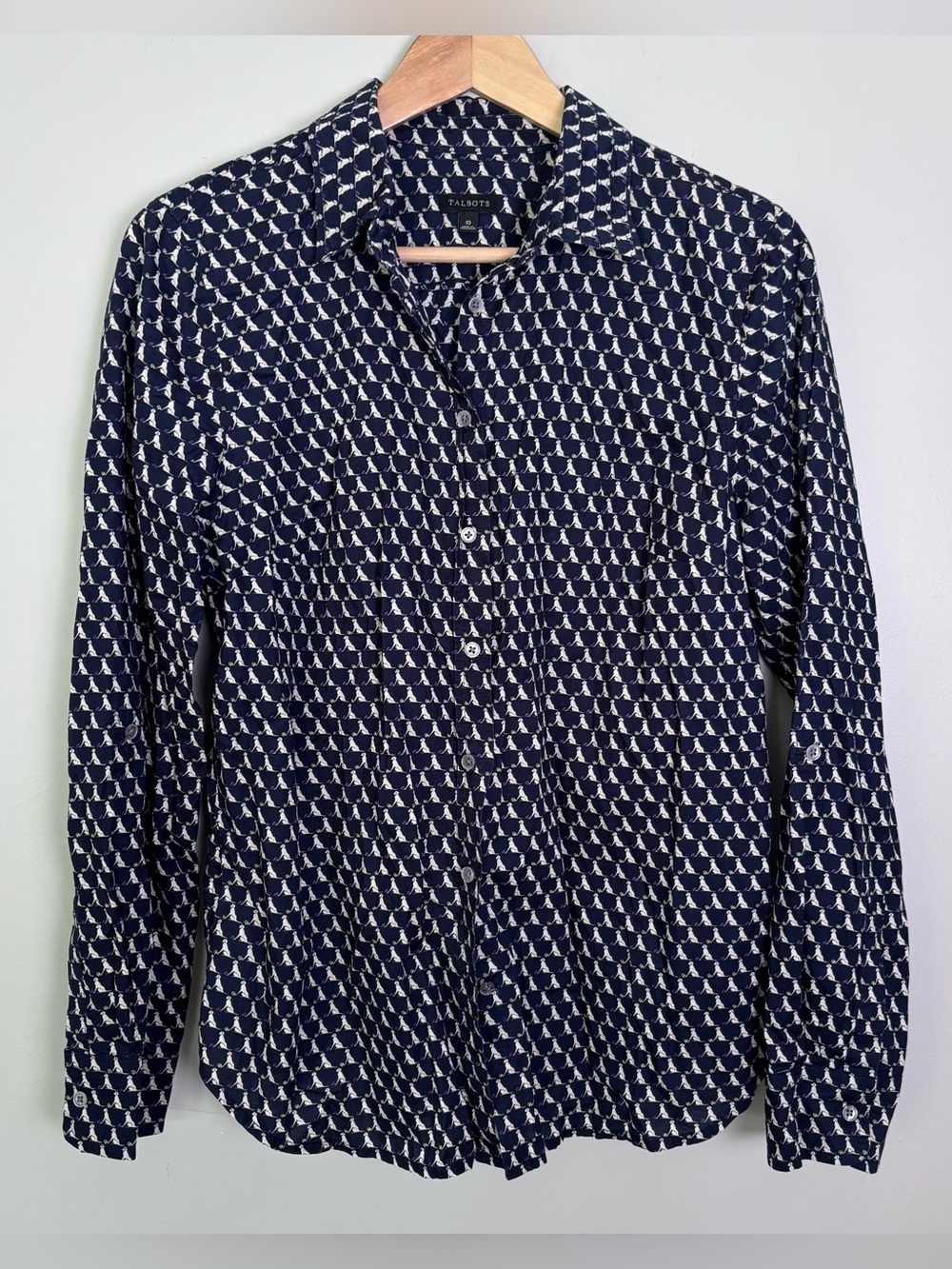 Talbots Navy Blue Dog and Ball Print Button Down Shirt-Roll Tab Sleeves-Size 10